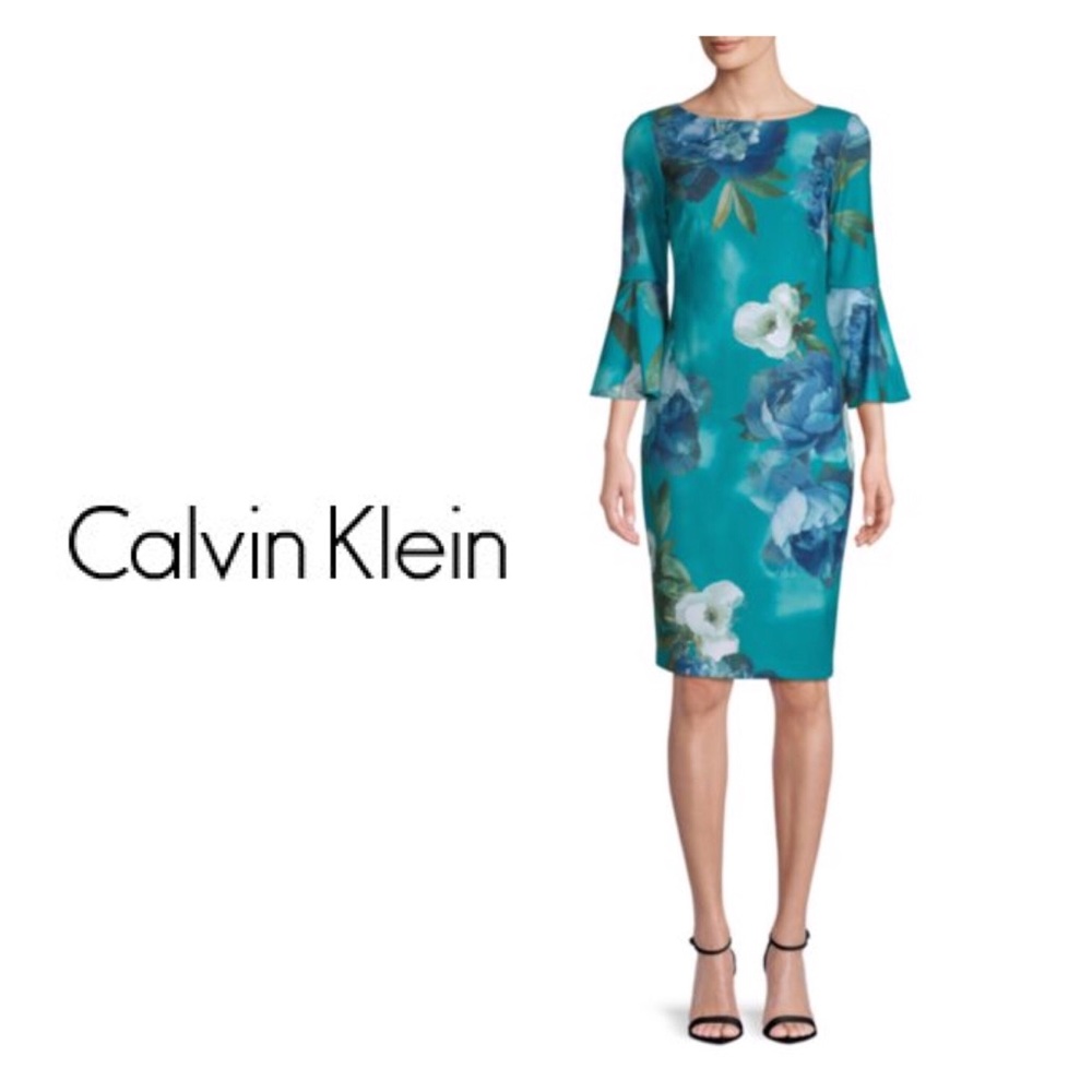 Sold Calvin Klein Floral Bell Sleeve Sheath Dress - Picture 1 of 8